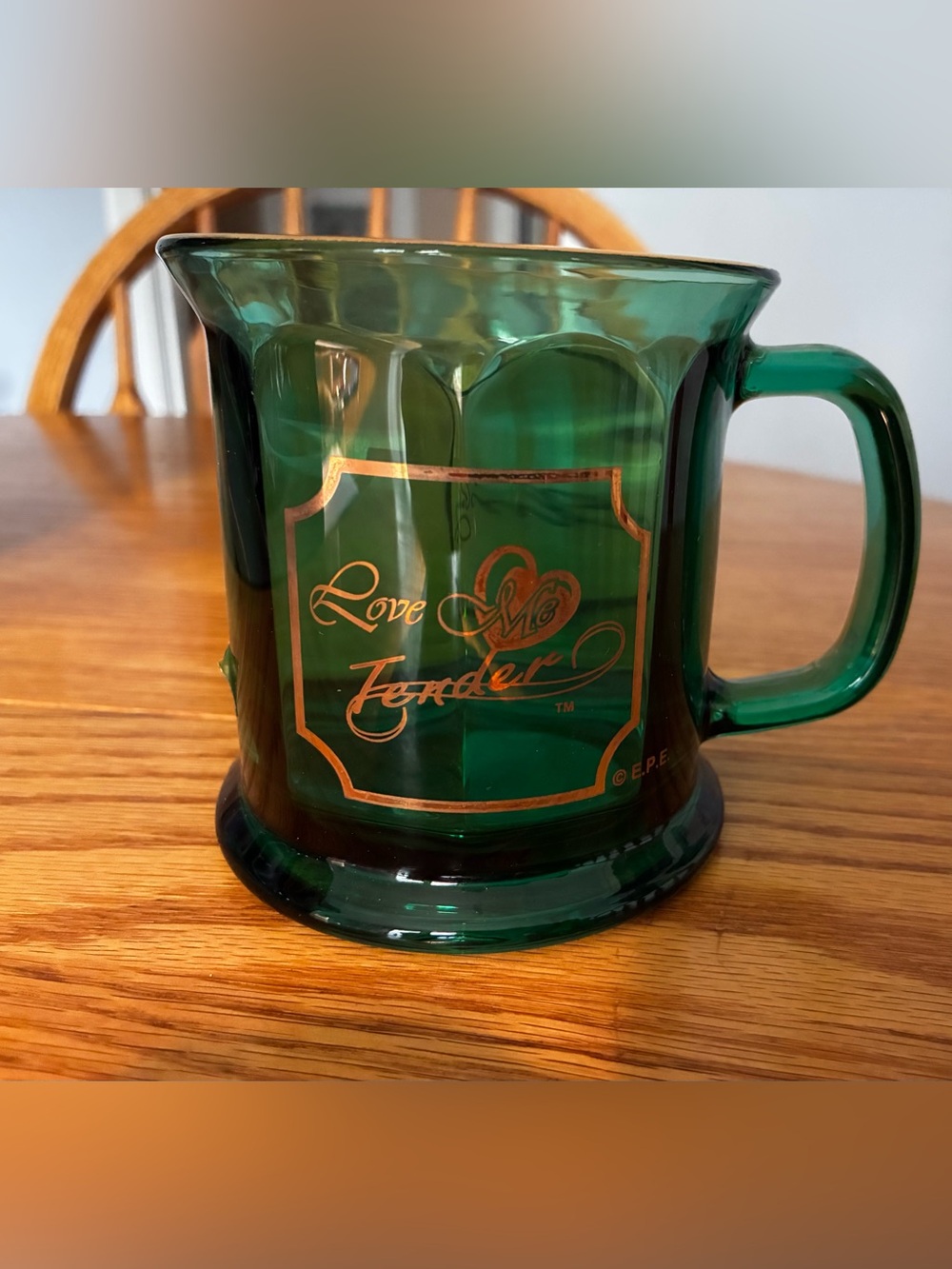 Green Glass Elvis ‘Love Me Tender' Mug with Gold Script